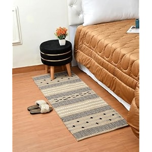 hand woven 100 natural cotton rug carpet bed side runner for bedroom living room  2x5 feet 60cm x 152cm beige amp black zig zag new