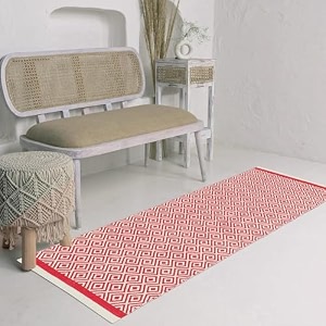 glofy bedside runner hand woven pure cotton carpet 2x5 feet 60cm x 152cm for bedroomlivingroomkitchenyoga and multi purpose colour - red diamond