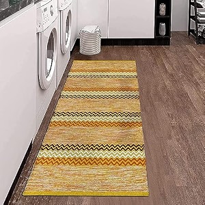 glofy hand woven washable 100 natural cotton rug carpet bed side runner for bedroom living room 2x5 feet 60 cms x 152 cms yellow zig zag degine