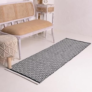 glofy bedside runner hand woven pure cotton carpet 2x5 feet 60cm x 152cm for bedroomlivingroomkitchenyoga and multi purpose colour - black diamond