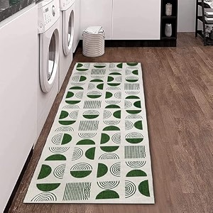 glofy bedside runner hand woven pure cotton carpet 2x5 feet 60cm x 152cm for bedroomlivingroomkitchenyoga and multi purpose colour - green white print