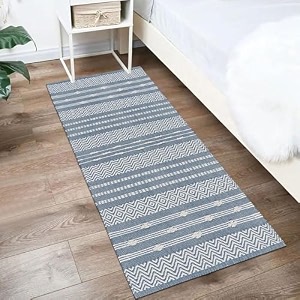 glofy bedside runner hand woven pure cotton carpet 2x5 feet 60cm x 152cm for bedroomlivingroomkitchenyoga and multi purpose colour - grey amp white zig zag new