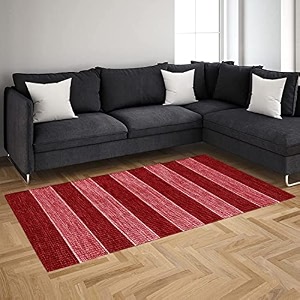 glofy bedside runner hand woven pure cotton carpet 2x5 feet 60cm x 152cm for bedroomlivingroomkitchenyoga and multi purpose colour - red stripe patta