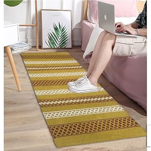 glofy bedside runner hand woven pure cotton carpet 2x5 feet 60cm x 152cm for bedroomlivingroomkitchenyoga and multi purpose colour - yellow diamond box
