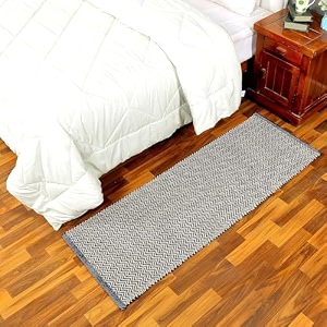 glofy bedside runner hand woven pure cotton carpet 2x5 feet 60cm x 152cm for bedroomlivingroomkitchenyoga and multi purpose colour - navy blue zig zag
