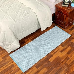 glofy bedside runner hand woven pure cotton carpet 2x5 feet 60cm x 152cm for bedroomlivingroomkitchenyoga and multi purpose colour - turquoise zig zag