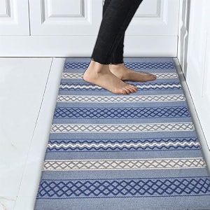 glofy bedside runner hand woven pure cotton carpet 2x5 feet 60cm x 152cm for bedroomlivingroomkitchenyoga and multi purpose colour - blue diamond box