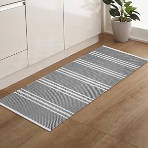 glofy bedside runner hand woven pure cotton carpet 2x5 feet 60cm x 152cm for bedroomlivingroomkitchenyoga and multi purpose colour - grey stripe