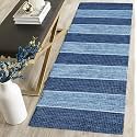 GLOFY Bedside Runner Hand Woven Pure Cotton Carpet (2x5 Feet), (60cm x 152cm) for Bedroom/Livingroom/Kitchen/Yoga and Multi Purpose Colour - (Blue Stripe Patta)