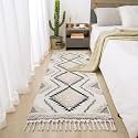 GLOFY Bedside Runner Hand Woven Pure Cotton Carpet (2x5 Feet), (60cm x 152cm) for Bedroom/Livingroom/Kitchen/Yoga and Multi Purpose Colour - (White &amp; Ivory)