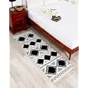 GLOFY Bedside Runner Hand Woven Pure Cotton Carpet (2x5 Feet), (60cm x 152cm) for Bedroom/Livingroom/Kitchen/Yoga and Multi Purpose Colour - (Dark Black &amp; White)