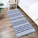 GLOFY Bedside Runner Hand Woven Pure Cotton Carpet (2x5 Feet), (60cm x 152cm) for Bedroom/Livingroom/Kitchen/Yoga and Multi Purpose Colour - (Blue &amp; White Zig Zag New)