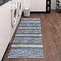 GLOFY Bedside Runner Hand Woven Pure Cotton Carpet (2x5 Feet), (60cm x 152cm) for Bedroom/Livingroom/Kitchen/Yoga and Multi Purpose Colour - (Blue Zig Zag Degine)