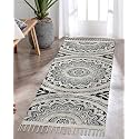 GLOFY Bedside Runner Hand Woven Pure Cotton Carpet (2x5 Feet), (60cm x 152cm) for Bedroom/Livingroom/Kitchen/Yoga and Multi Purpose Colour - (Black P Print)