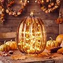 Glooglitter Mercury Glass Pumpkin Light LED Fall Lamp, Oval, Amber, Large