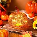 Glooglitter Mercury Glass Pumpkin Light LED Fall Lamp, Round, Gold, Small