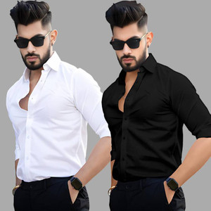 GLOREN Men Solid Casual Black White Shirt
