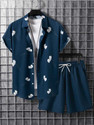 GLORI STAR Men Night Suit Set Blue, White Printed