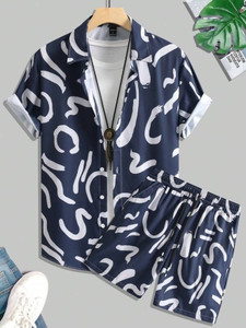 glori star men printed dark blue night suit set