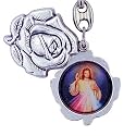 Glorieux Rose Shaped Pewter Key Chain with Religious Pictures Inside | Slides Open | 5 Different Sets of Religious Figures to Chose from | Great Gift (Divine Mercy | St Michael)