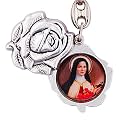 Glorieux Rose Shaped Pewter Key Chain with Religious Pictures Inside | Slides Open | 5 Different Sets of Religious Figures to Chose from | Great Gift (St. Therese | Blessed Mother)