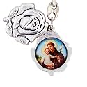Glorieux Rose Shaped Pewter Key Chain with Religious Pictures Inside | Slides Open | 5 Different Sets of Religious Figures to Chose from | Great Gift (Divine Mercy | St Michael)