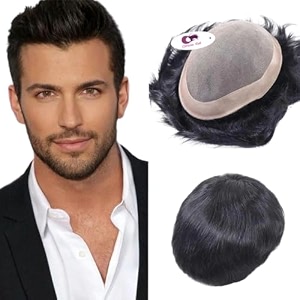 comfort monofilament hair patch for men  100 human hair wig original  natural look durable toupee  non surgical replacement system  use with clips glue or tape  natural black 8x5