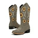 Women's Sunflower Cowboy Boots Cowgirl Square Toe Mid Calf Low Heel