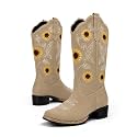 Women's Sunflower Cowboy Boots Cowgirl Square Toe Mid Calf Low Heel