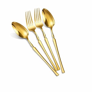 glossy aurum gold spoon and fork set  4-piece premium stainless steel cutlery with elegant contoured handle  luxury flatware for dining hosting amp gifting  rust resistant amp dishwasher safe