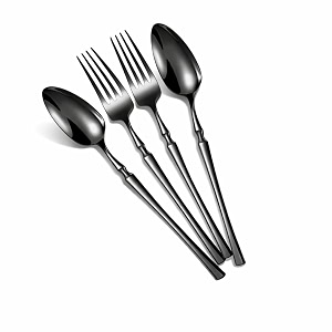 glossy charcoal black spoon amp fork set of 4 premium stainless steel cutlery with elegant contoured handle  luxury flatware for dining hosting amp gifting  rust resistant amp dishwasher safe