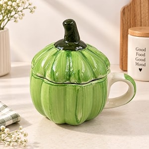 glossy green pumpkin ceramic mug with lid  stylish tea coffee cup for shakes green tea amp cold beverages  reusable drinkware  cute birthday gift for girls