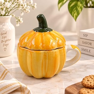 glossy orange pumpkin ceramic mug with lid  stylish tea coffee cup for shakes green tea amp mocktails  reusable drinkware  cute birthday gift for girls