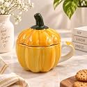 Glossy Orange Pumpkin Ceramic Mug with Lid | Stylish Tea Coffee Cup for Shakes, Green Tea &amp; Mocktails | Reusable Drinkware | Cute Birthday Gift for Girls