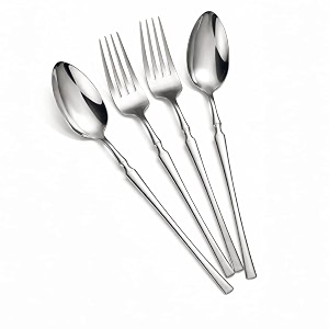 glossy sterling silver spoon amp fork set of 4 premium stainless steel cutlery with elegant contoured handle  luxury flatware for dining hosting amp gifting  rust resistant amp dishwasher safe