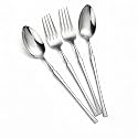 Glossy Sterling Silver Spoon &amp; Fork Set of 4 Premium Stainless Steel Cutlery with Elegant Contoured Handle | Luxury Flatware for Dining, Hosting &amp; Gifting – Rust Resistant &amp; Dishwasher Safe