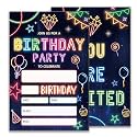Glow Birthday Party Invitations, Neon Party Birthday Invitations for Boys Girls, 20 Double-Sided Design Birthday Invites with Envelopes (4x6 In), Birthday Party Supplies Favors-A04