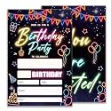 Glow Birthday Party Invitations, Neon Party Birthday Invitations for Boys Girls, 20 Double-Sided Design Birthday Invites with Envelopes (4x6 In), Birthday Party Supplies Favors-A02