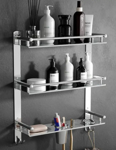 gloxy 3 layer multipurpose bathroom shelf with double soap dish and tumbler silver towel holder stainless steel