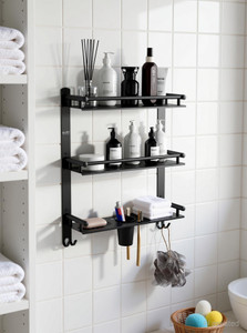 gloxy by gloxy 3 layer multipurpose shelf with double soap dish  toothbrushtoothpaste holder black towel holder