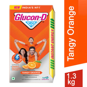 glucon-d tangy orange with 3 benefits of energy recovery and immunity refill sports drink