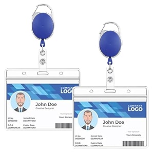 glun pack of 2 sliding badge id card holders with horizontal card holder for office employee and staff retractable yoyo badge reel plastic and id cardsblue