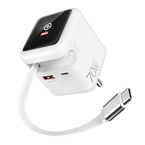 gm g displaypulse 70w gan charger 3 ports usb-campa80cm retractable cable tft floating ui displaytravel friendly macbook air-m4 dslr iphone 12-18 duosmartphonestablet1 year warranty
