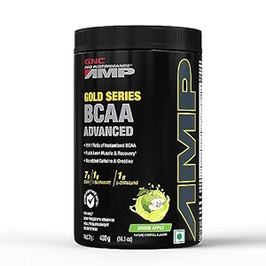 gnc amp gold series bcaa advanced  400 gm  30 servings  fastest muscle recovery  maximized workout performance  formulated in usa  7g bcaa  1g l-glutamine  1g l-citrulline  green apple