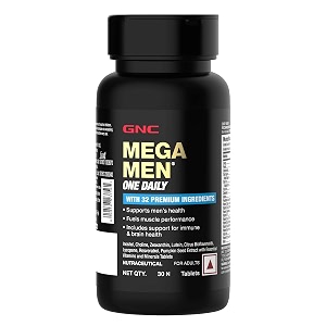 gnc mega men one daily multivitamin30 tablets32 premium ingredientspromotes men39s well-beingsupports muscle functionboosts immunityimproves memory amp focusformulated in usa1 count30 servings