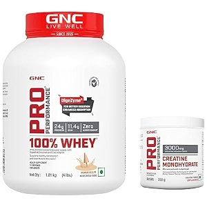 gnc pro performance 100 whey mawa kulfi 4lbs  gnc pro performance creatine monohydrate 250gm combo