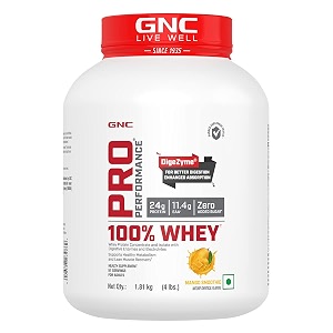 gnc pro performance 100 whey protein  4 lbs  muscle growth  muscle recovery  digezyme for easy digestion  informed choice certified  24g protein  55g bcaa  mango smoothie