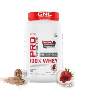 gnc pro performance 100 whey protein  2 lbs  muscle growth  muscle recovery  digezyme for easy digestion  informed choice certified  24g protein  55g bcaa  creamy strawberry