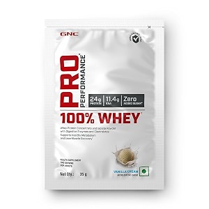 gnc pro performance 100 whey protein powder  35 gm  1 serving  boosts strength amp endurance  builds lean muscles  fastens muscle recovery  24g protein  55g bcaa  vanilla cream