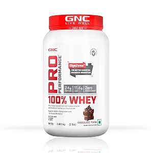 gnc pro performance 100 whey protein  2 lbs  muscle growth  muscle recovery  digezyme for easy digestion  informed choice certified  24g protein  55g bcaa  chocolate fudge  907 gm